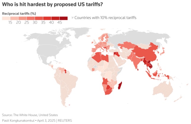 这张地图显示了美国政府对各经济体征收的互惠关税的百分比 这张地图显示了美国政府对各经济体征收的互惠关税的百分比
